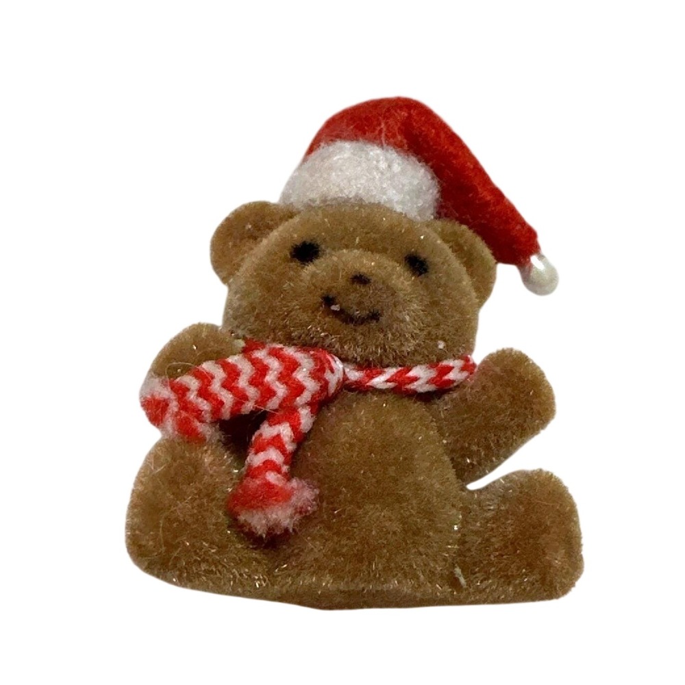 Vintage Miniature Flocked Teddy Bear Santa Hat Scarf Christmas Figurine 1.36"